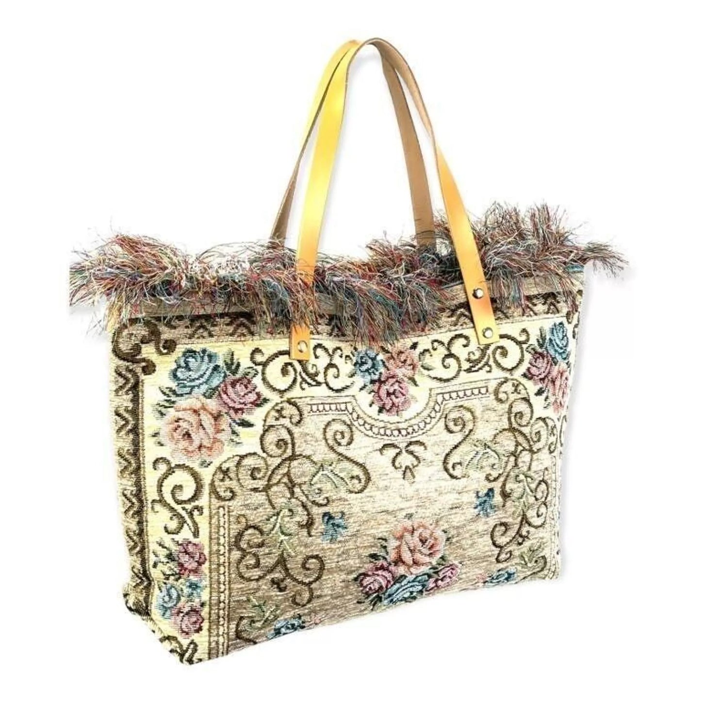 Grand sac cabas en tapis de coton avec poignées en cuir