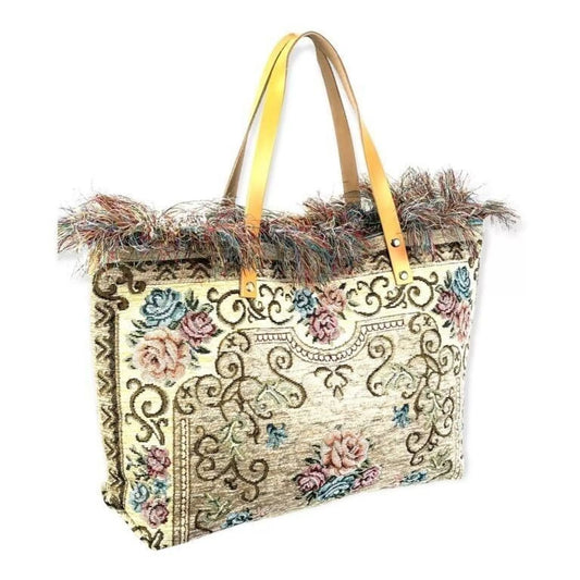 Grand sac cabas en tapis de coton avec poignées en cuir